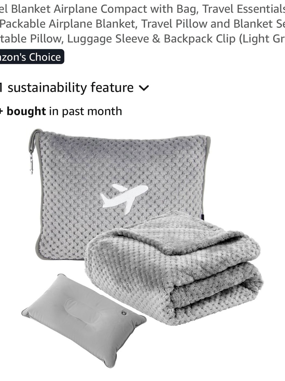 Light Gray Travel Blanket and Pillow Set - Compact Airplane Throw